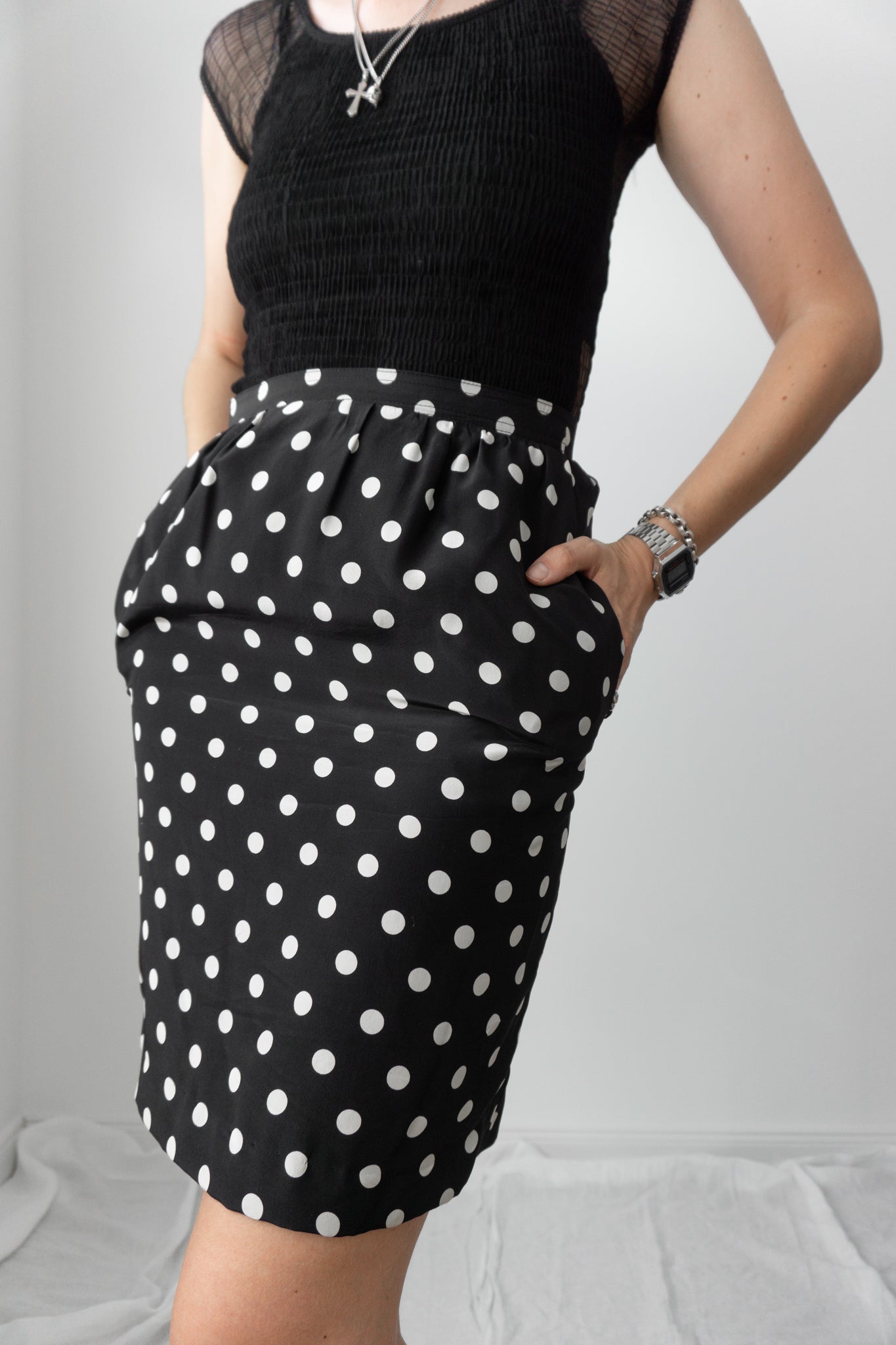 Vintage Seidenrock schwarz mit weißen Polka Dots 80er Jahre
