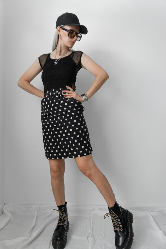 Rock Schwarz Weiß Punkte Seide S - theplaincircle vintage