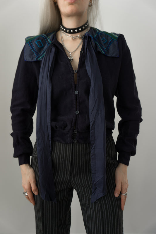 Pullover Navy Perlen Seide Wolle S - theplaincircle vintage