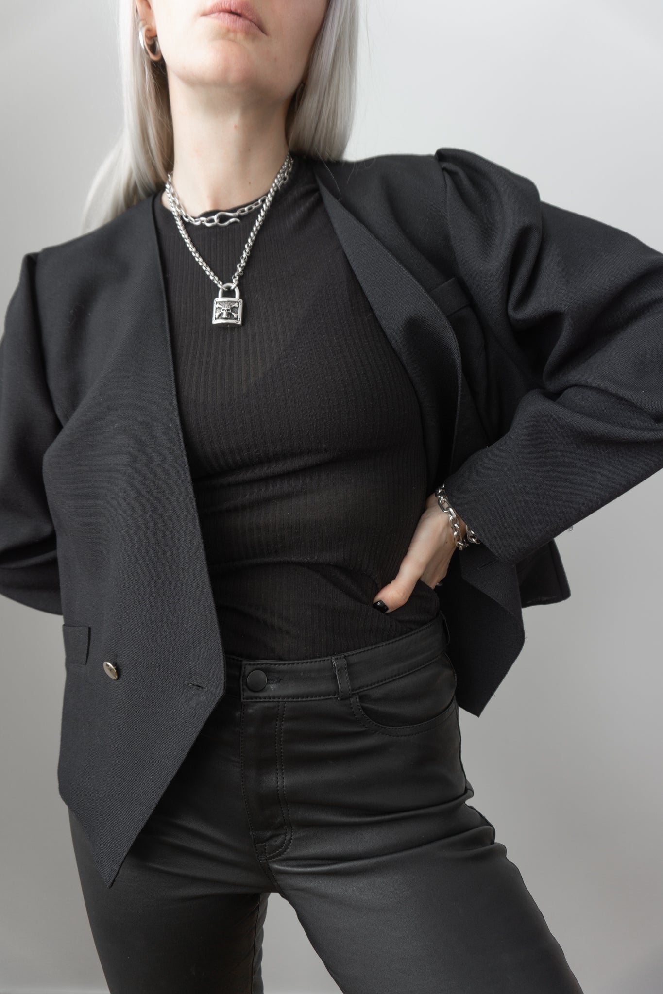 Vintage Blazer, Schwarz, Doppelreihig, M - theplaincircle vintage