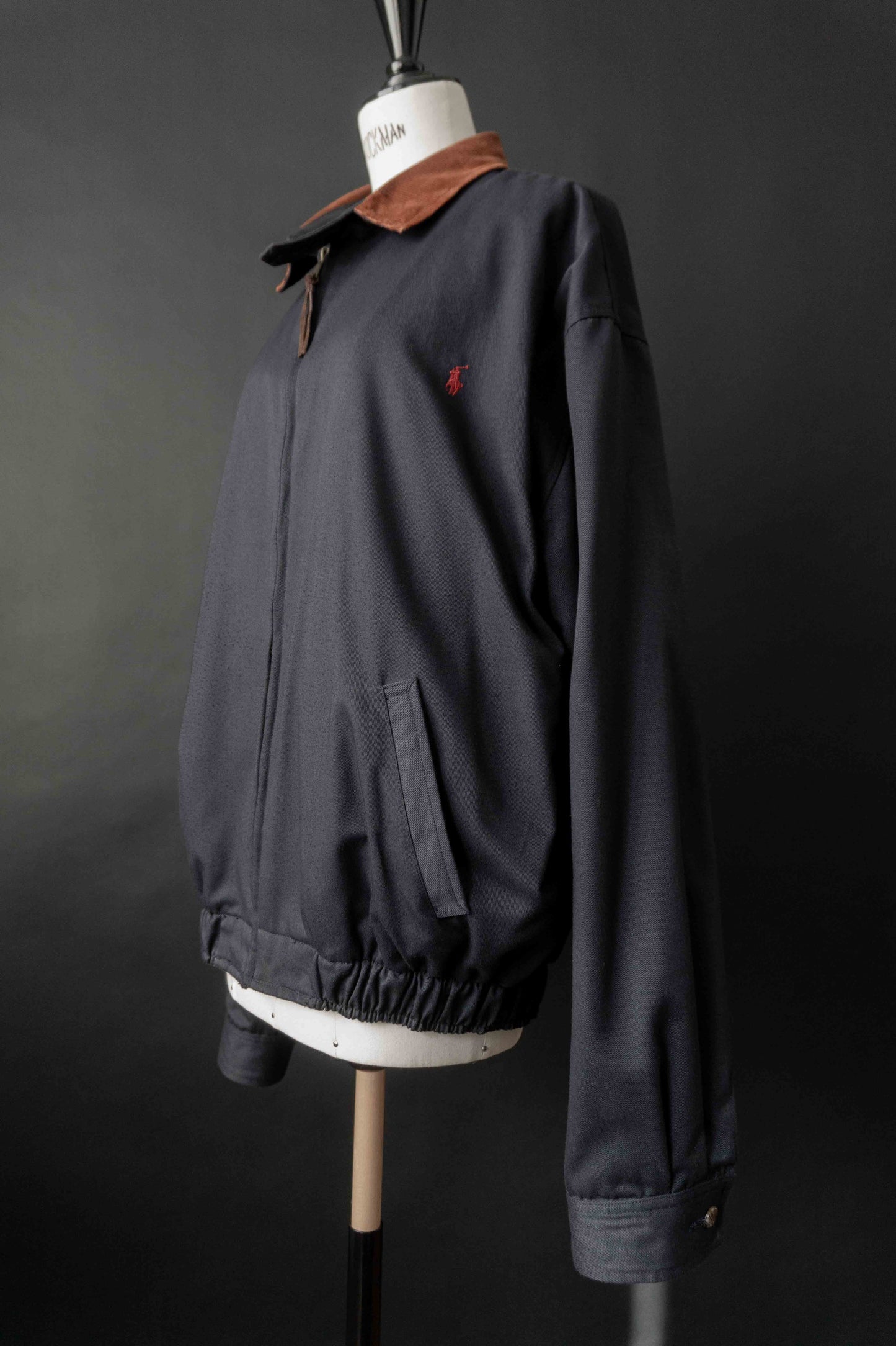 Vintage Ralph Lauren Polo Blouson Navy mit rotem Pferd, braunem Kordkragen und Karo-Futter