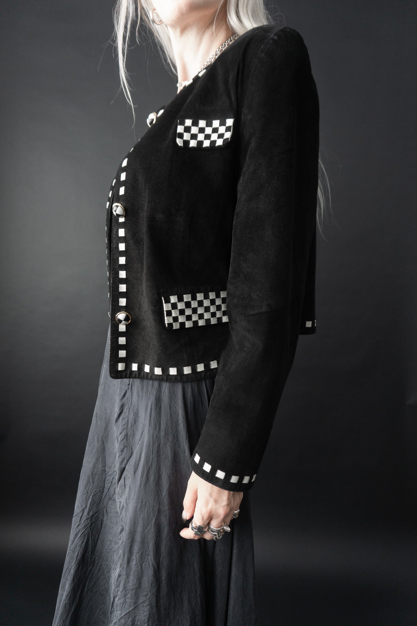 80s leather jacket checkerboard, S–M