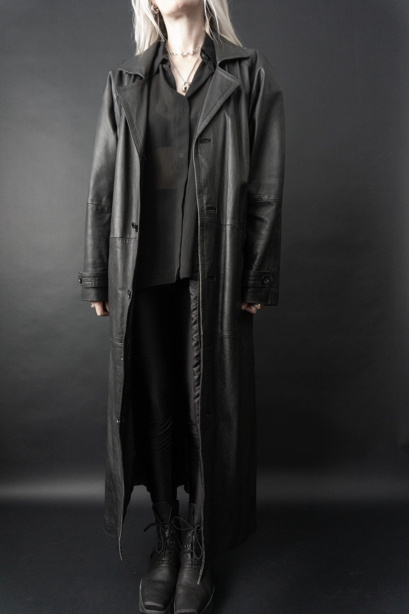 Leather coat, maxi, M–L