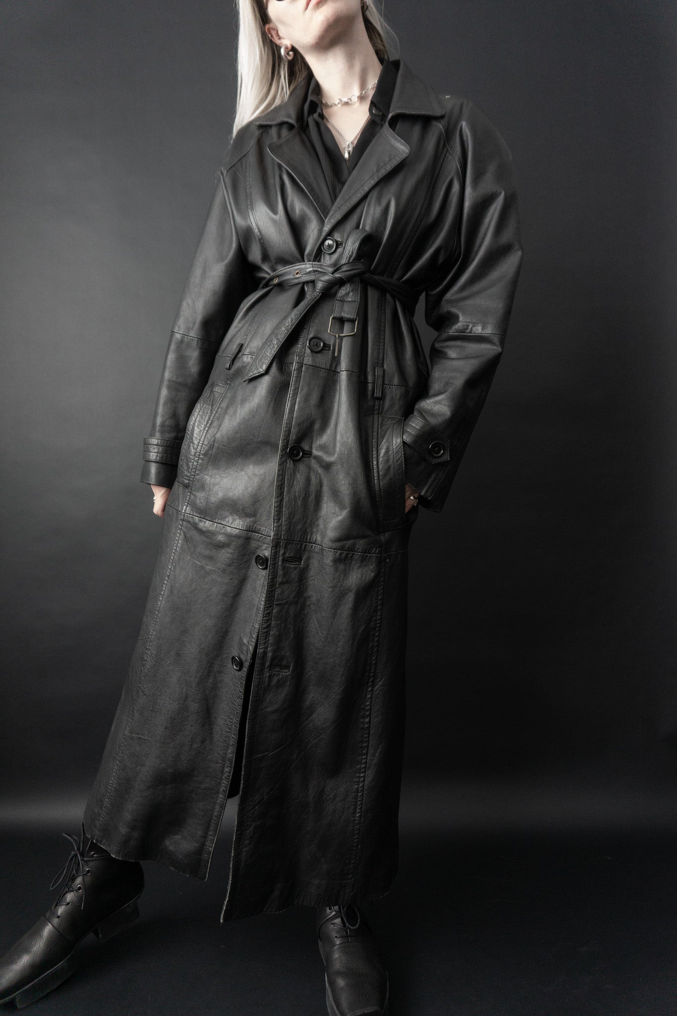 Leather coat, maxi, M–L