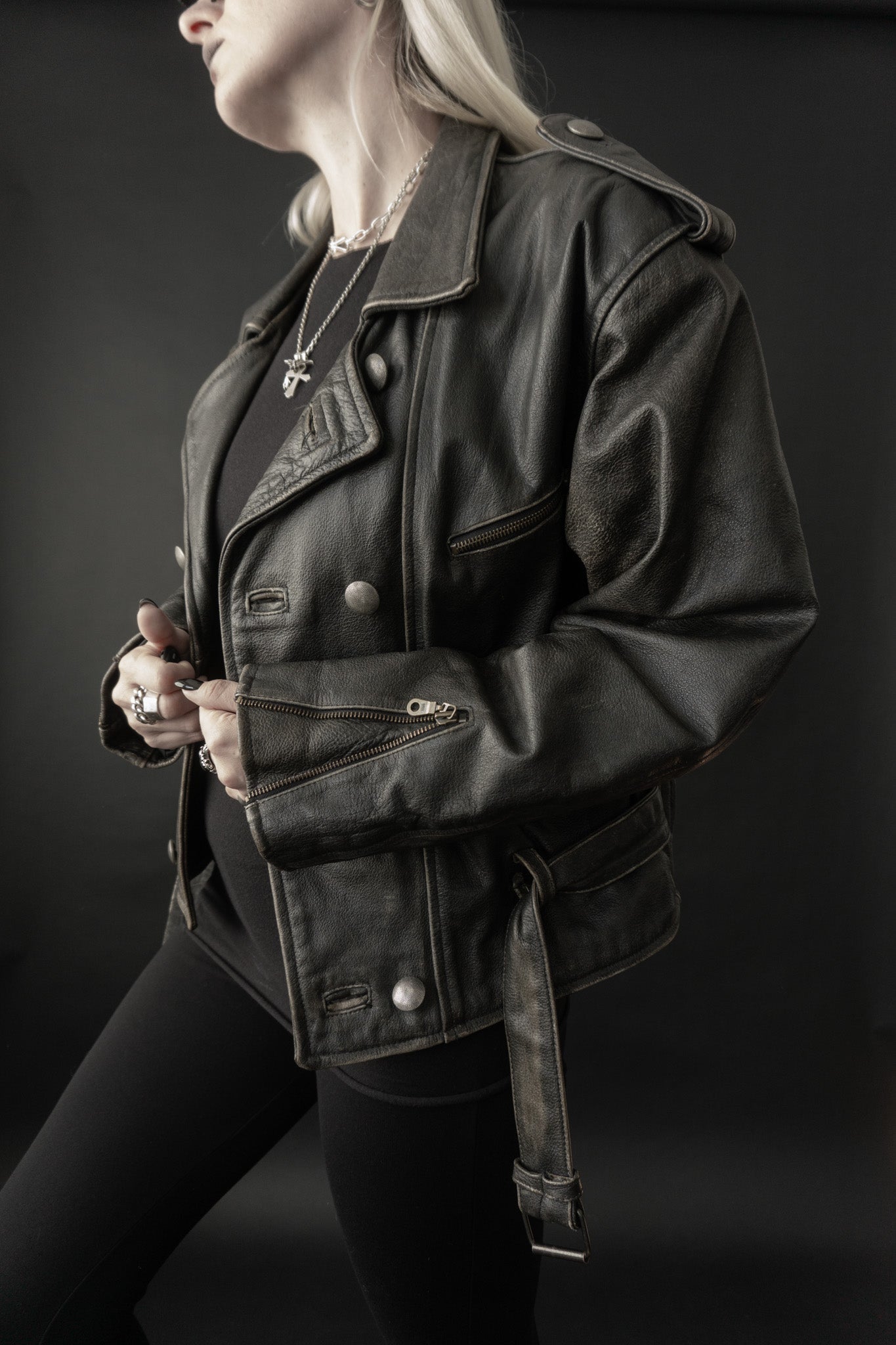 Oversized leather jacket, black, M-L