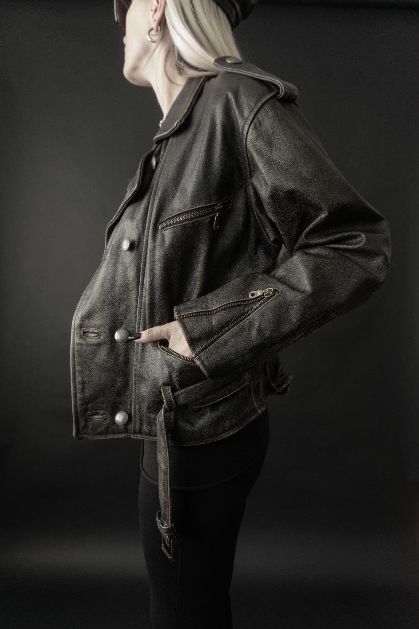 Oversized leather jacket, black, M-L