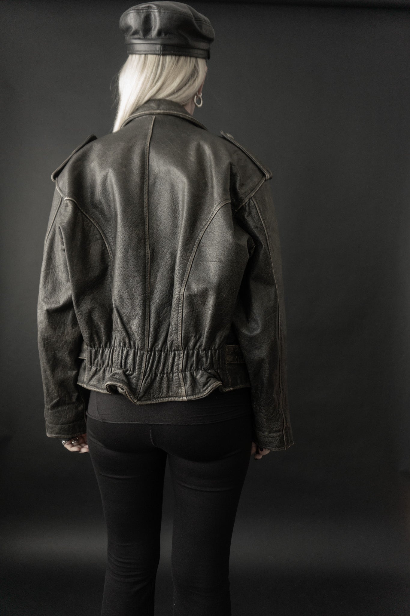 Oversized leather jacket, black, M-L