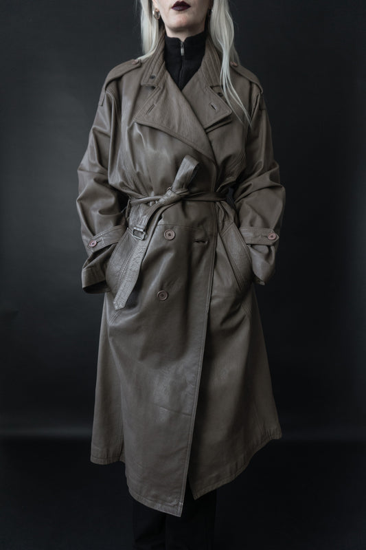 70s Leder Trenchcoat Greige, L–XXL