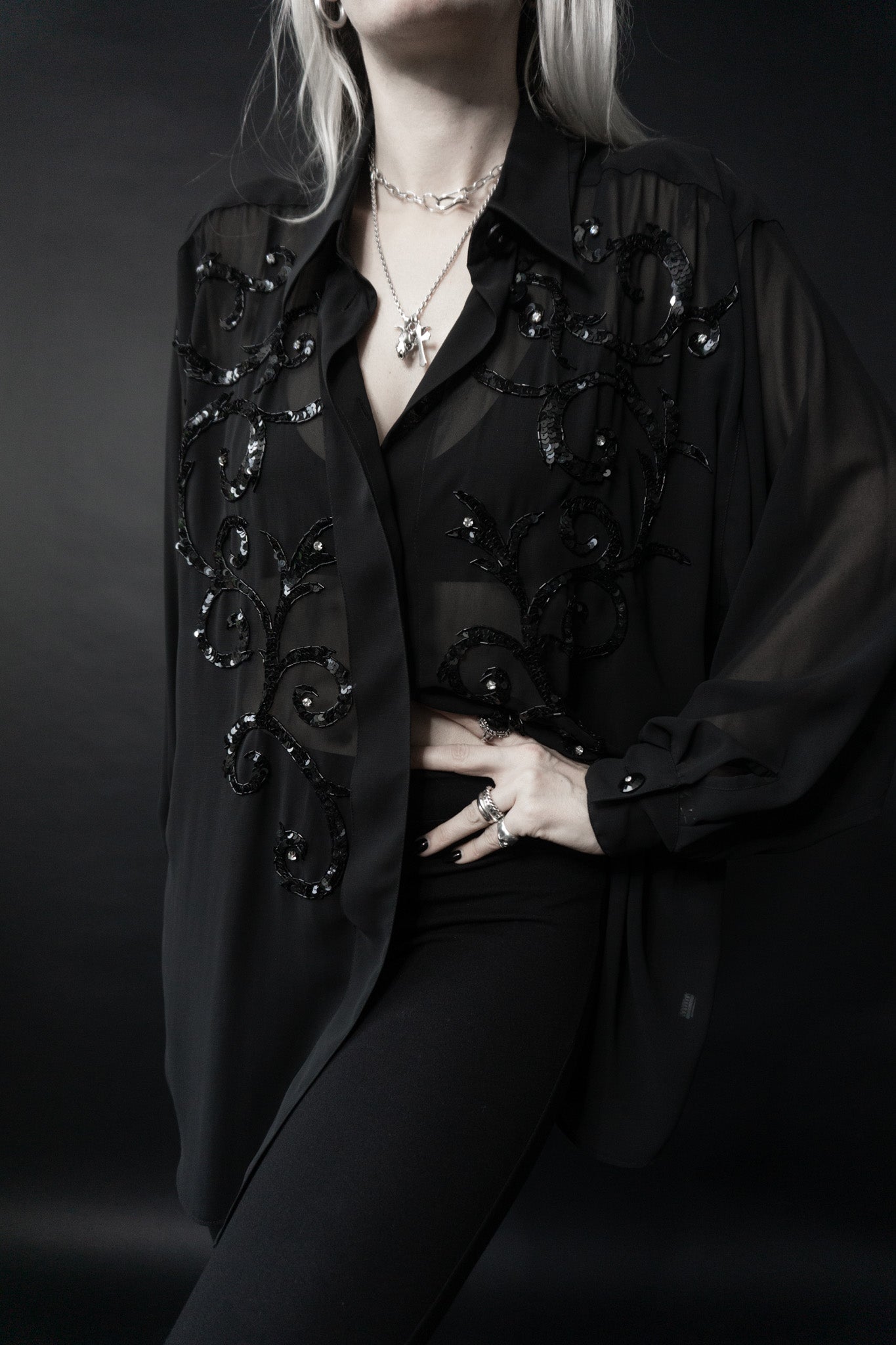 Goth blouse sequins, M–XL