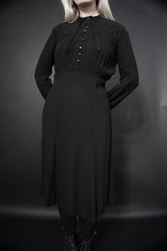 1930s Dress Silk Crepe, Black, M