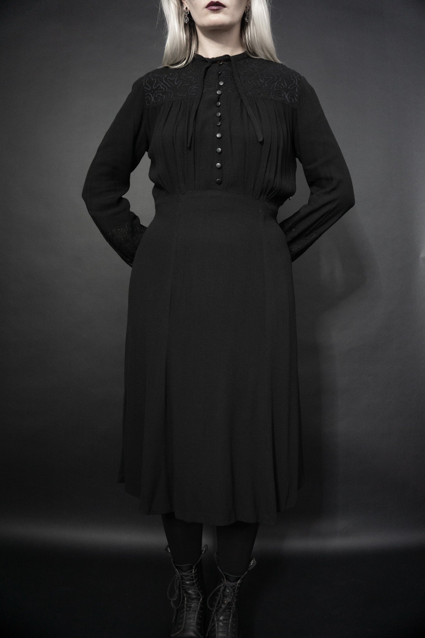 1930s Dress Silk Crepe, Black, M