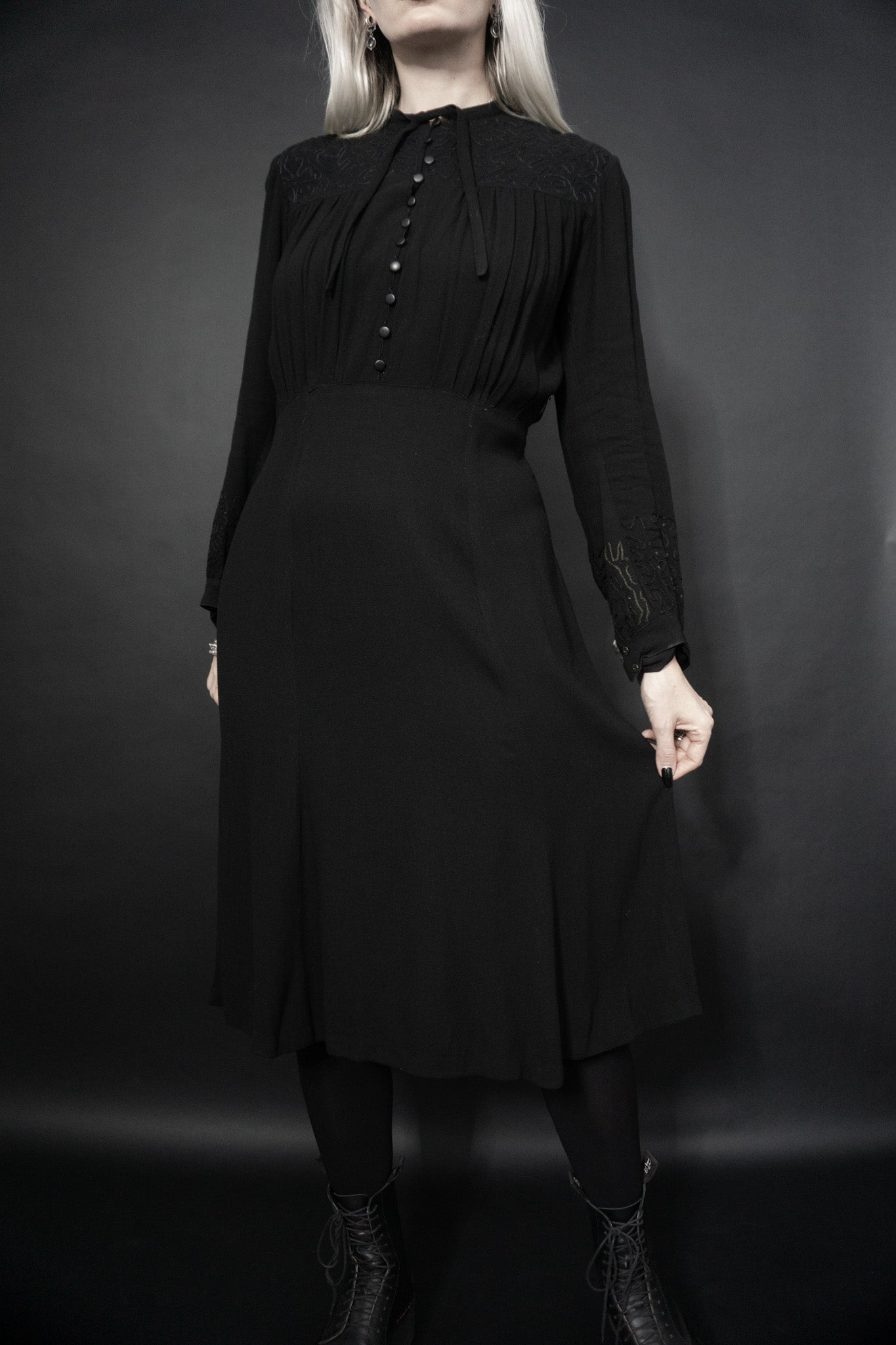 1930s Dress Silk Crepe, Black, M