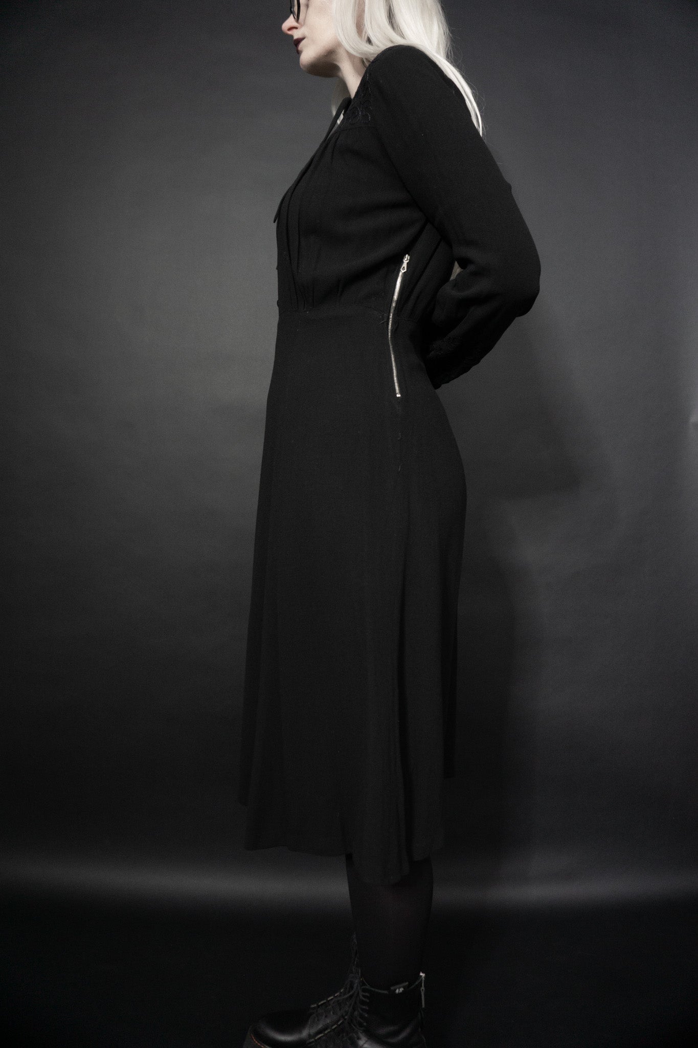 1930s Dress Silk Crepe, Black, M