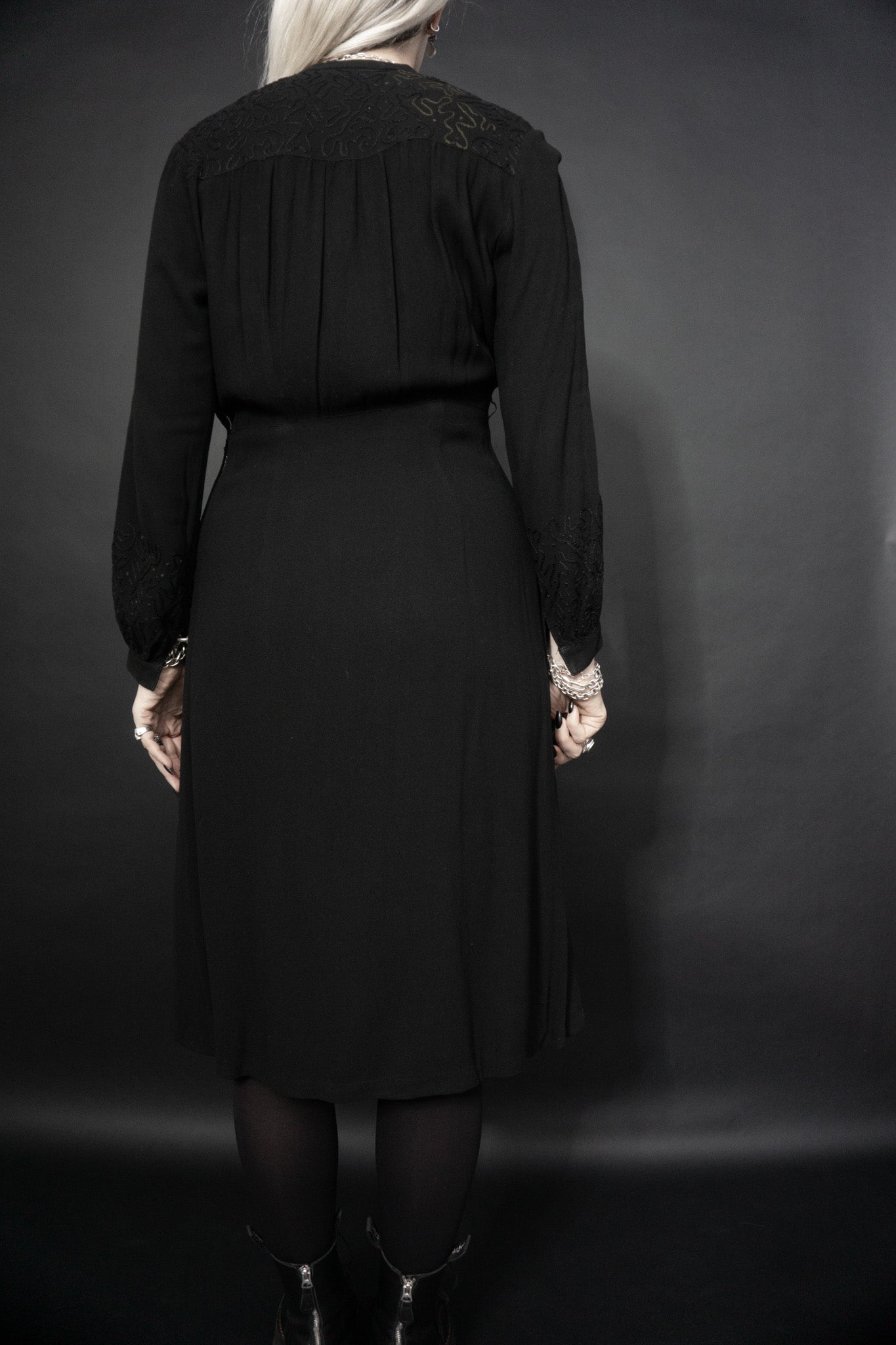 1930s Dress Silk Crepe, Black, M