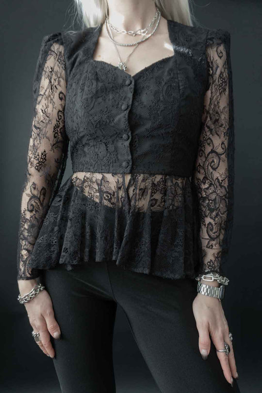 Vintage 80s Spitzenbluse mit Herz-Ausschnitt & Schößchen | Gothic Romance, S–M