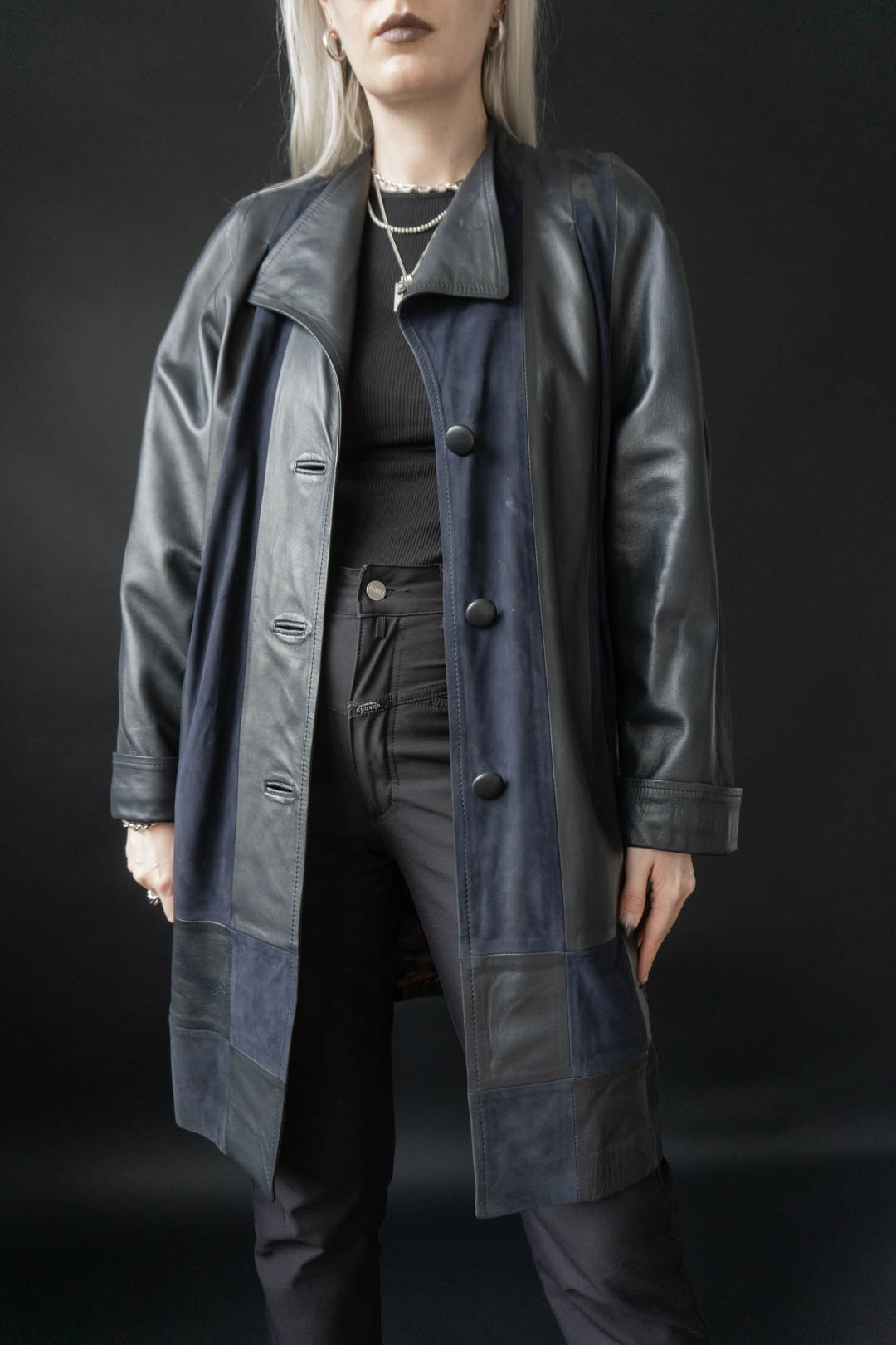 Avantgarde leather coat, navy, M–L