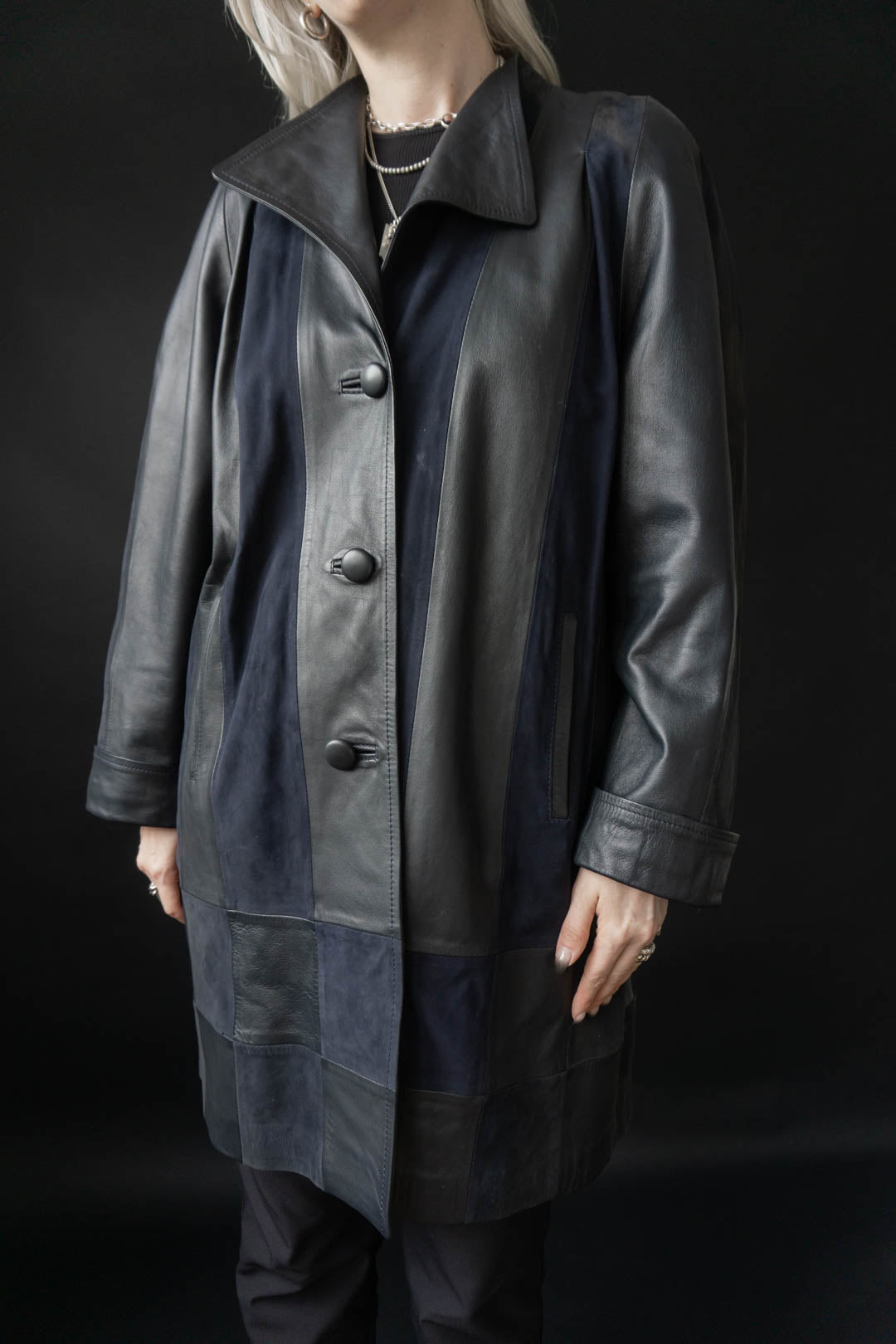 Avantgarde leather coat, navy, M–L