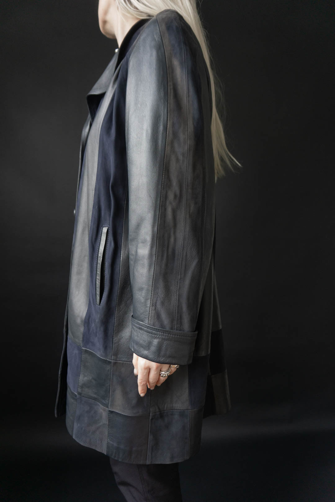 Avantgarde leather coat, navy, M–L