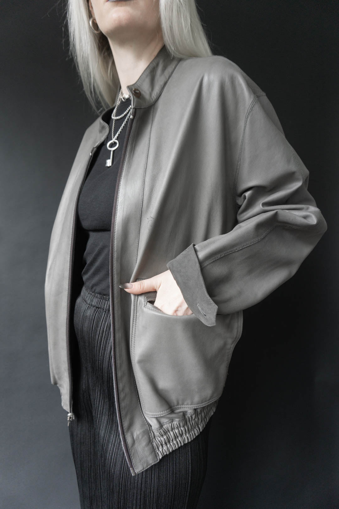 Wende-Lederjacke Grau, S–M