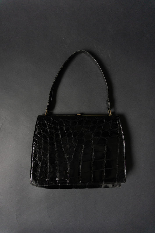 Vintage Tasche in Schwarz mit Krokoprägung – 60s Eleganz