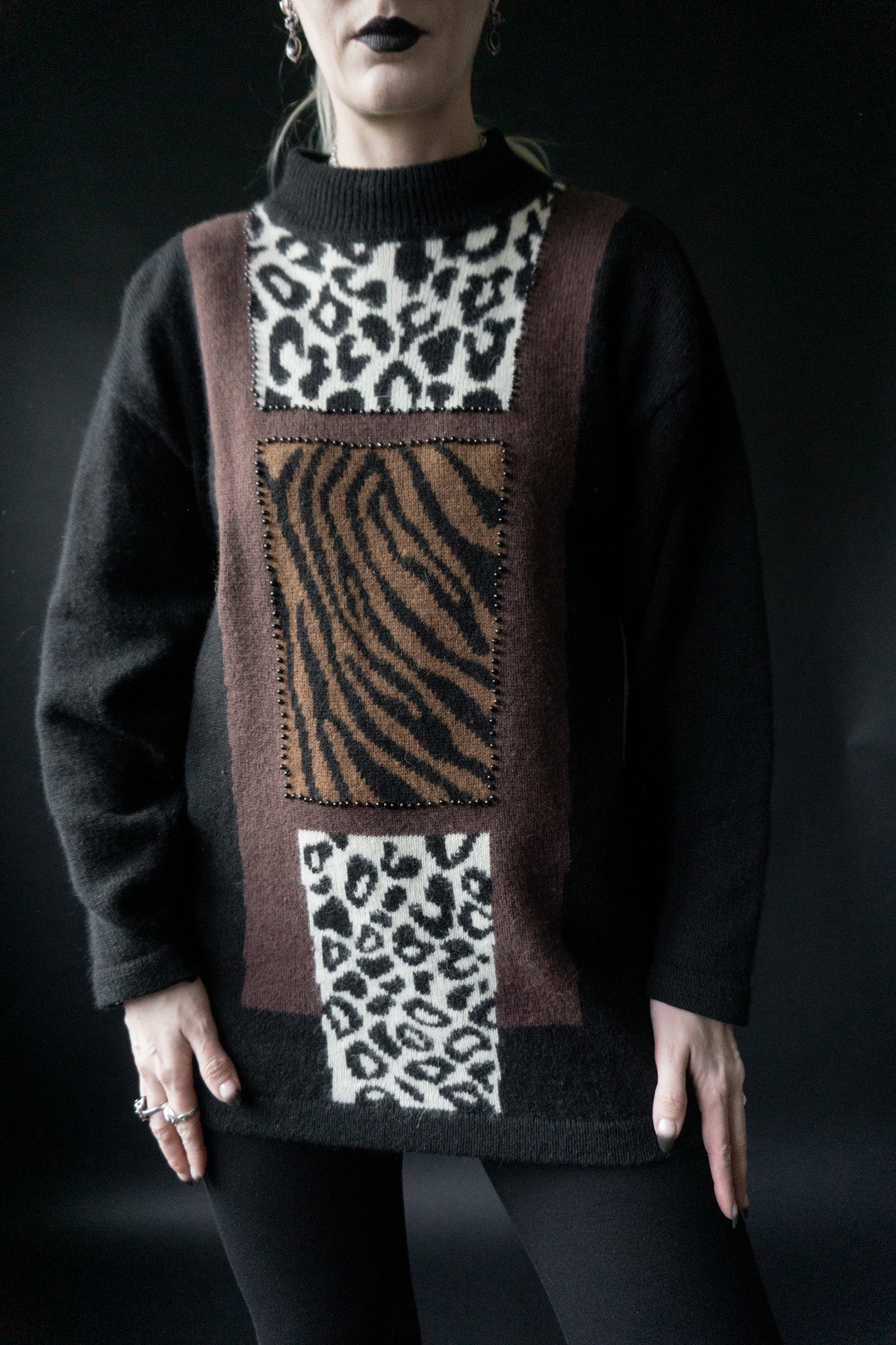 Vintage Pullover Animalprint – Angora mit Mustermix & Zierperlen