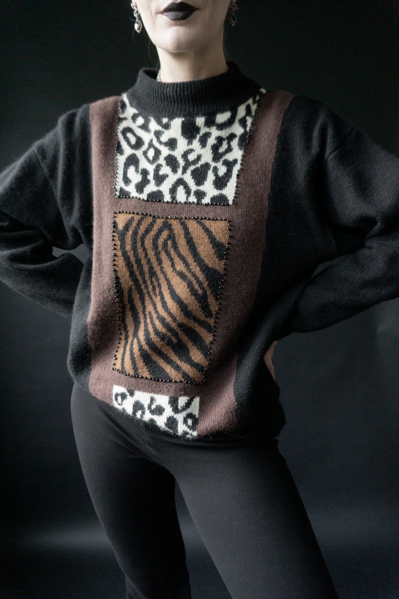 Vintage Pullover Animalprint – Angora mit Mustermix & Zierperlen