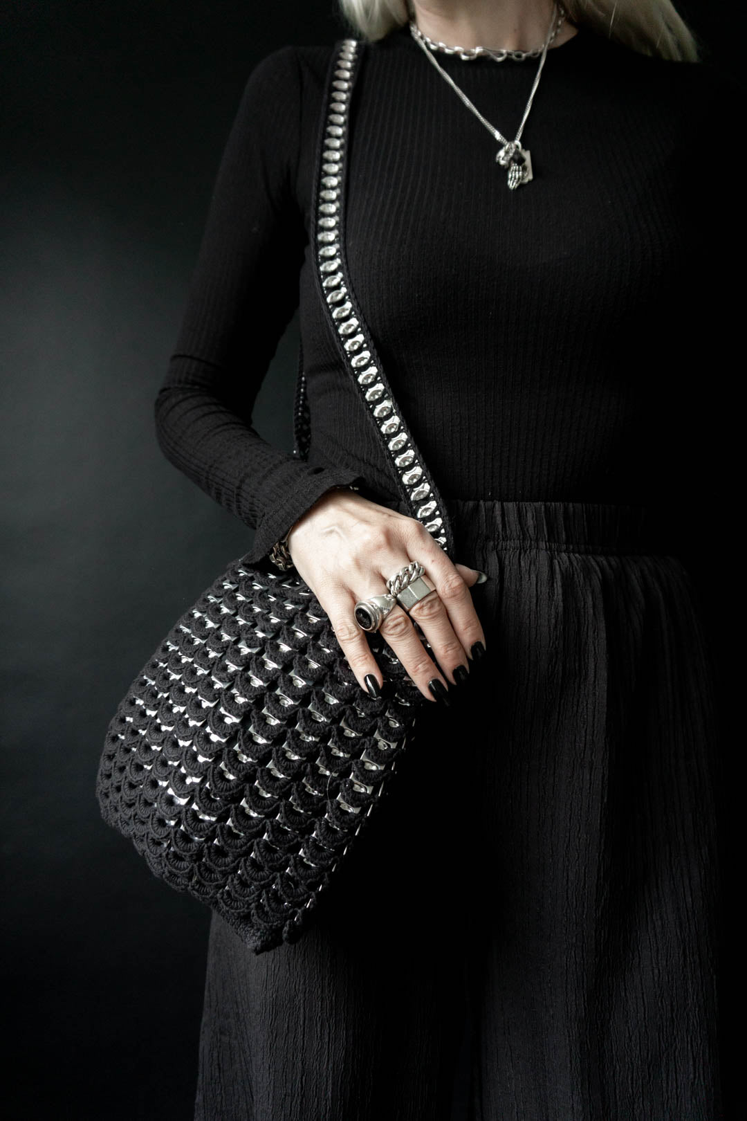 70s Tasche Crochet Schwarz