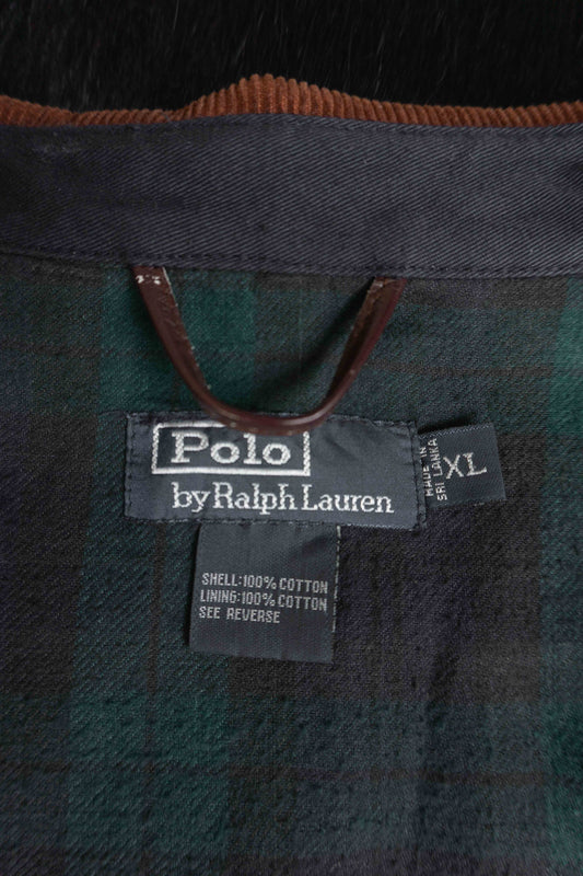 Vintage Ralph Lauren Polo Blouson Navy mit rotem Pferd, braunem Kordkragen und Karo-Futter