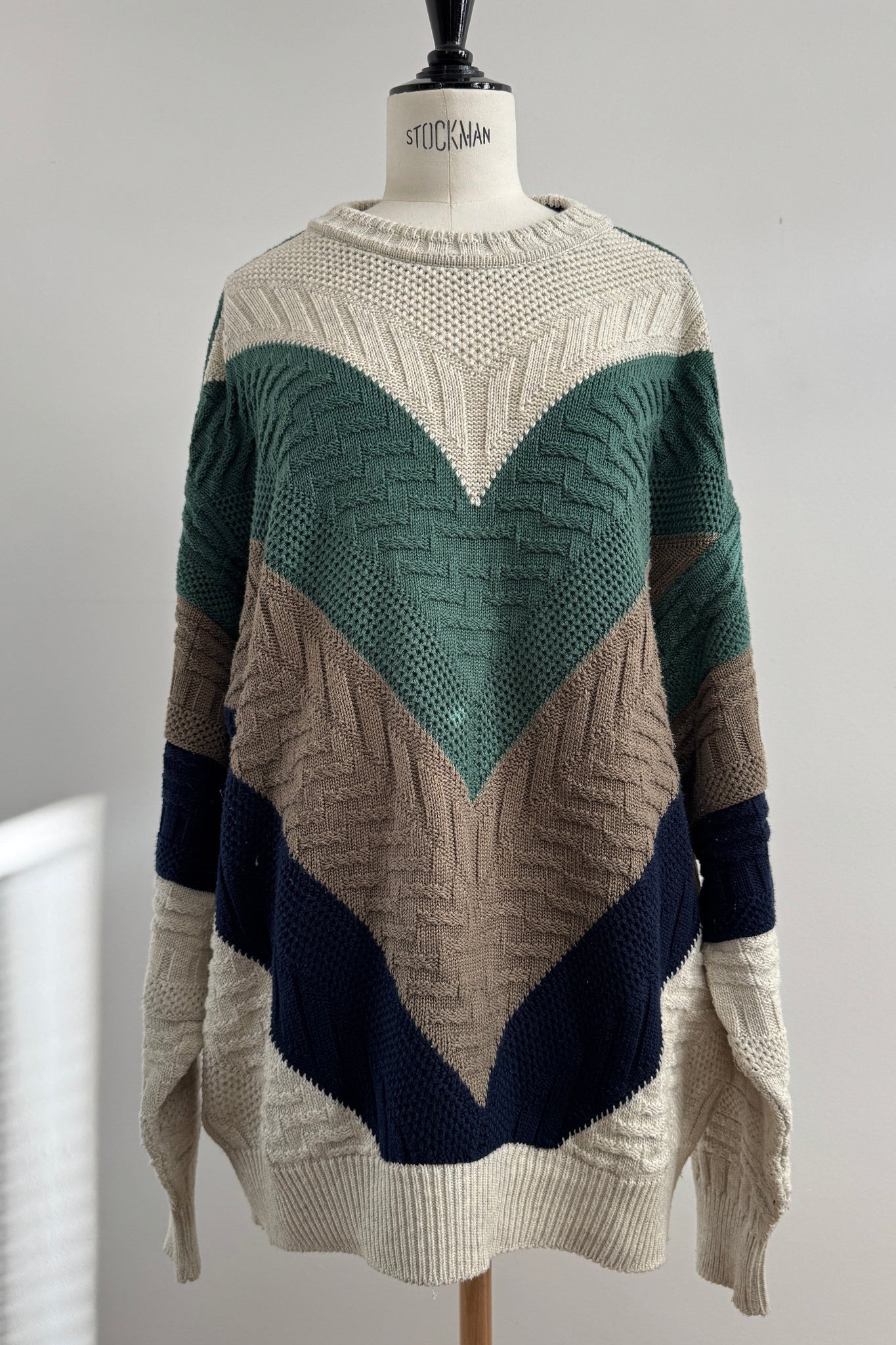 Carlo Colucci Vintage Strickpullover – Strukturstrick in Creme/Grün/Marine, Frontansicht