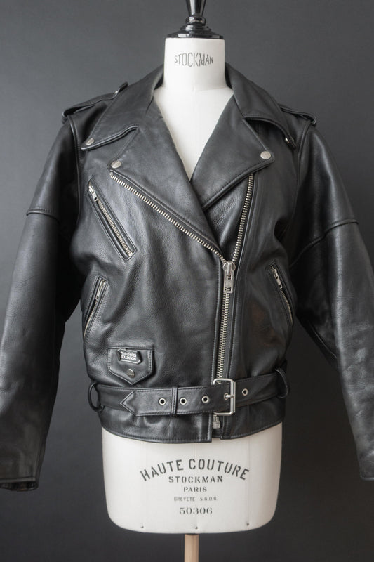 Vintage 80s Leder Bikerjacke – schwarze Motorradjacke mit Gürtel, M theplaincircle vintage