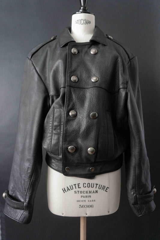 Vintage Lederjacke Schwarz Military Style – Cropped Double Breasted Jacket, M theplaincircle vintage