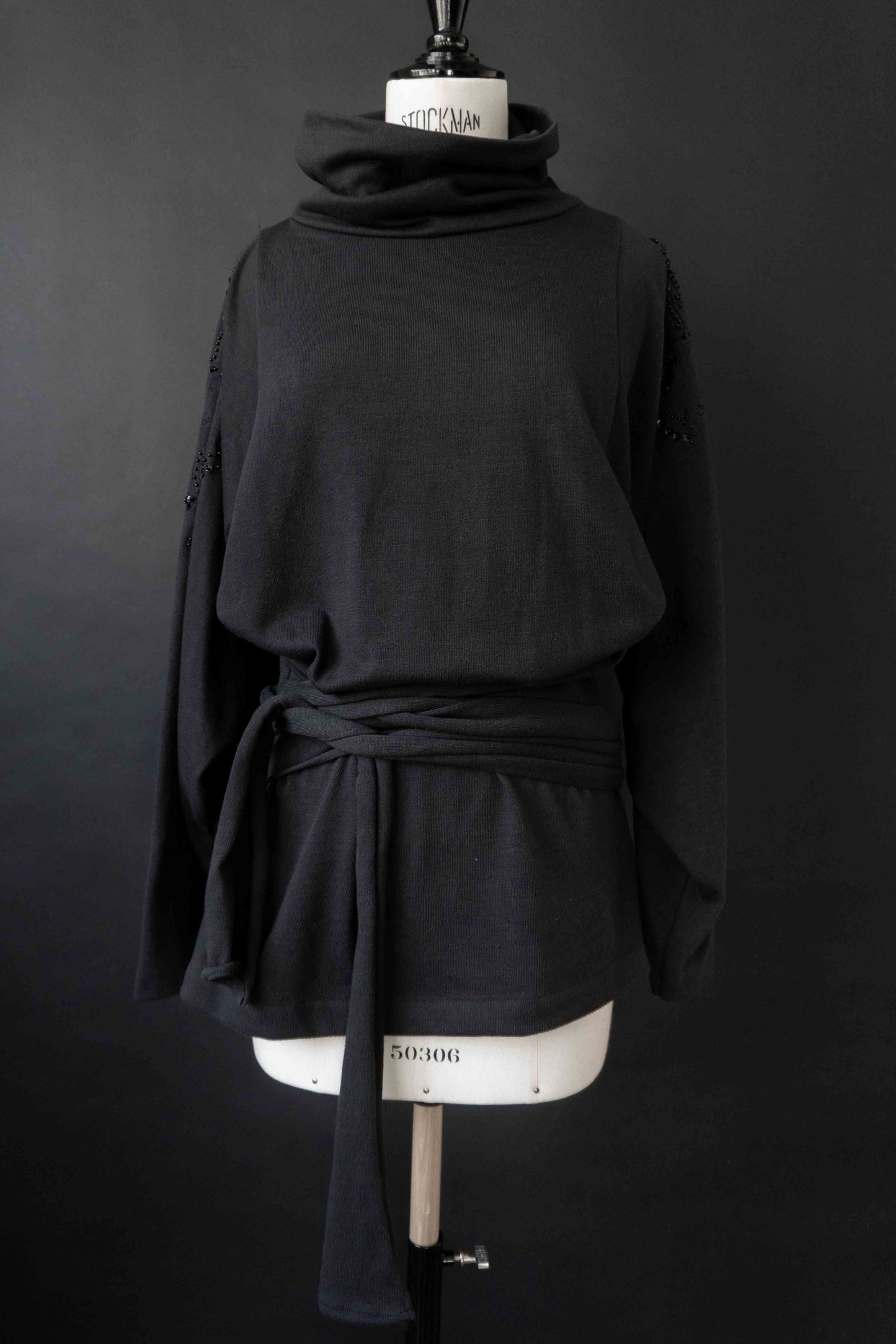 Schwarzes Vintage Sweatshirt Rollkragen Wickel Detail Pailletten
