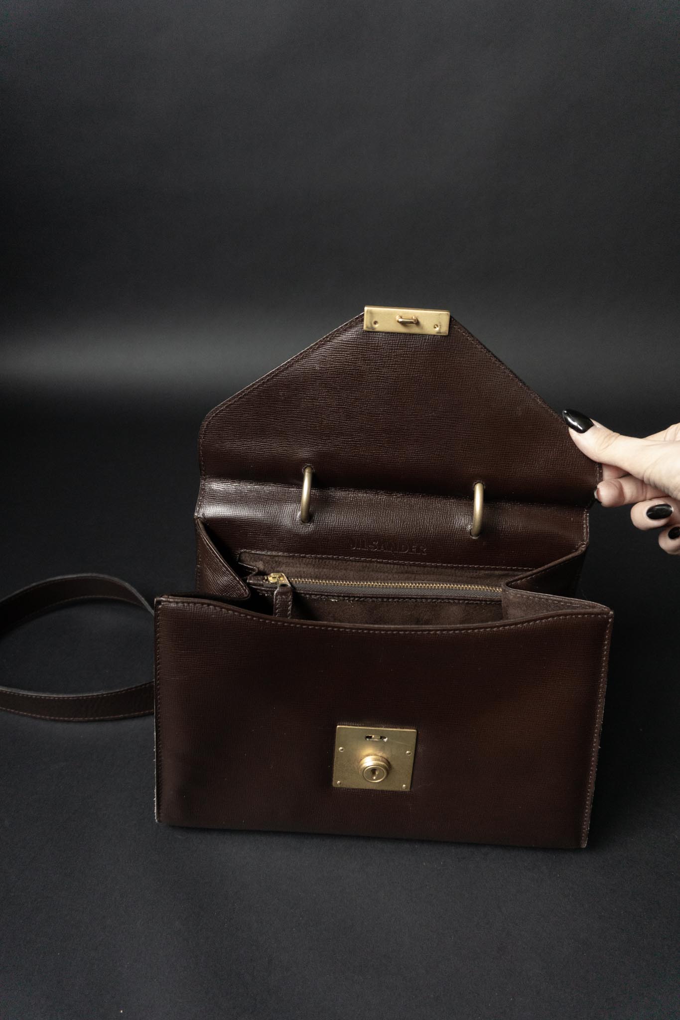 Braune Vintage 90er Ledertasche Jil Sander mit goldener Hardware