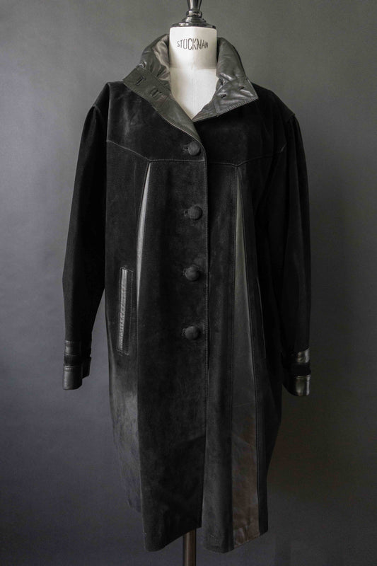 Vintage 80s Ledermantel, Patchwork, Schwarz, M–L