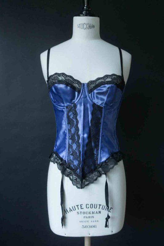 Vintage 80s Corsagen-Top in Saphirblau mit Schwarzer Spitze, S–M
