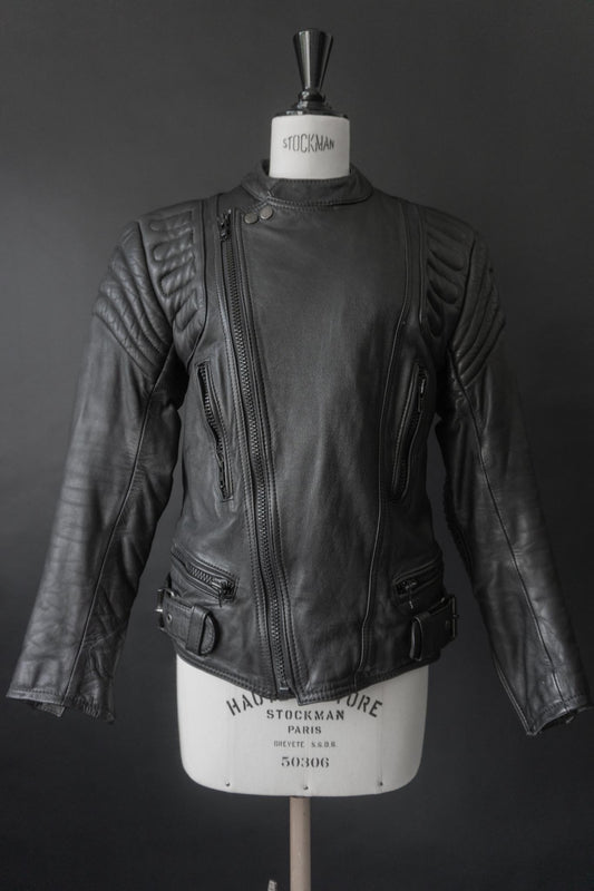Schwarze 80s Vintage Biker-Lederjacke aus weichem Echtleder mit Protektoren