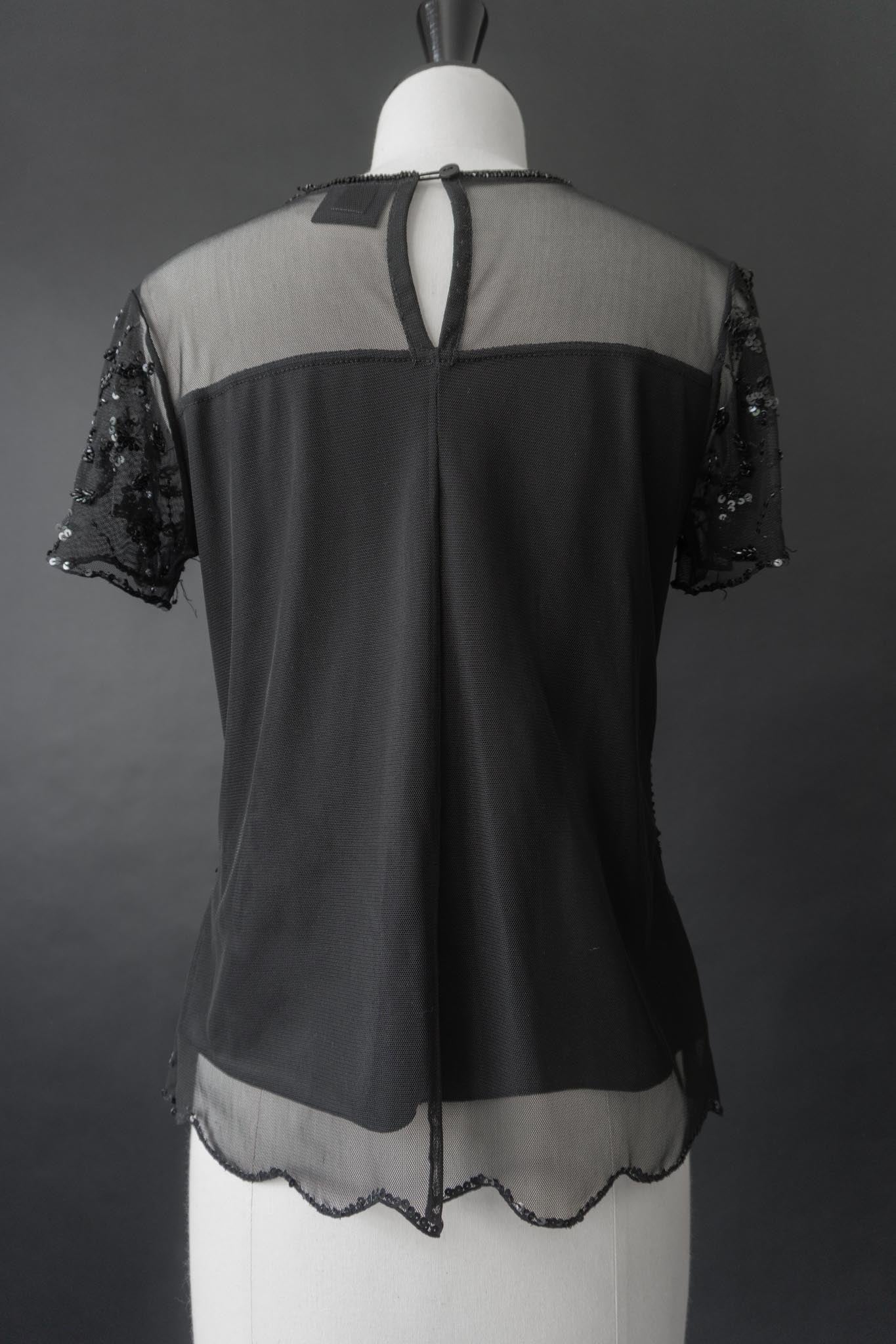 Schwarzes Vintage Pailletten-T-Shirt mit Herzausschnitt & kurzen Ärmeln