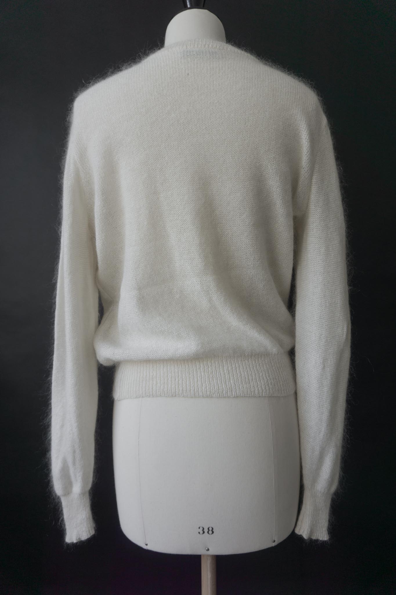 Weißer Escada Mohairpullover aus den 80s, Mohairstrick mit Stickerei & Puffärmeln