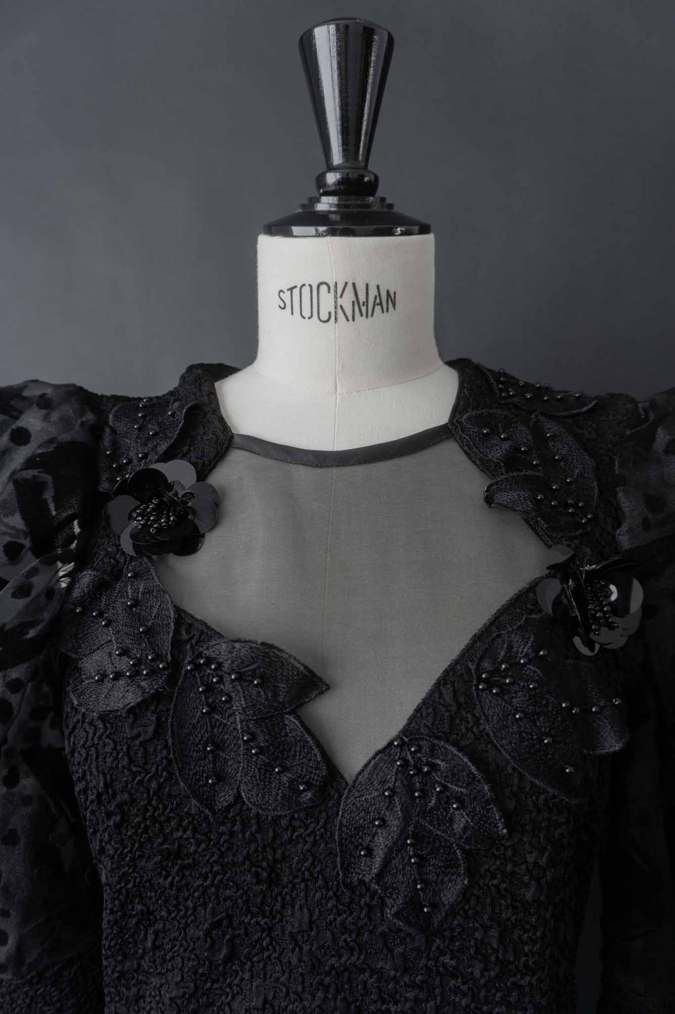 Vintage Gothic Bodysuit schwarz mit Puffärmeln und Mesh-Einsatz