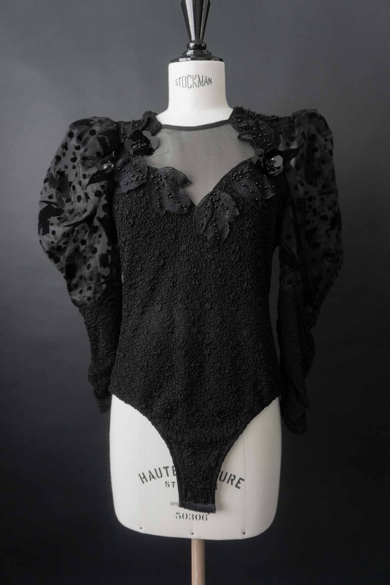 Vintage Gothic Bodysuit schwarz mit Puffärmeln und Mesh-Einsatz