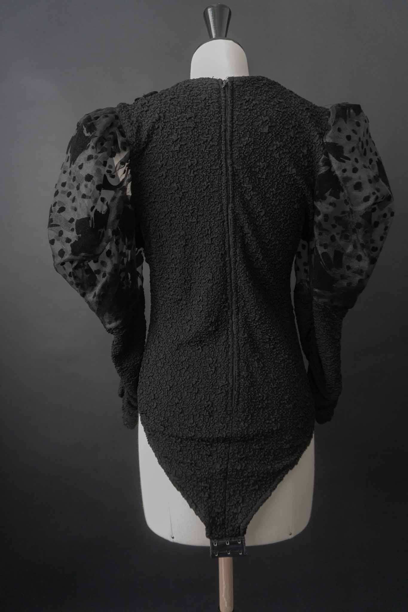 Vintage Gothic Bodysuit schwarz mit Puffärmeln und Mesh-Einsatz