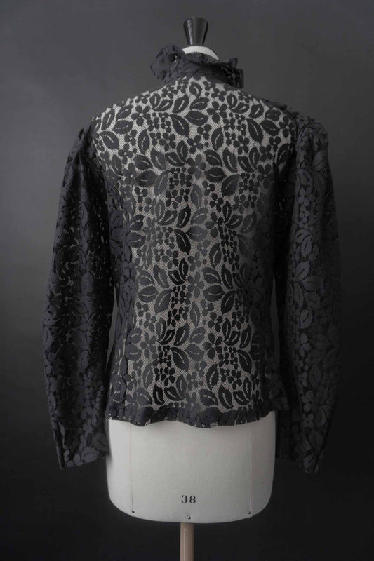 Vintage 80s Spitzenbluse mit Stehkragen | Gothic Romance in Schwarz, S–M