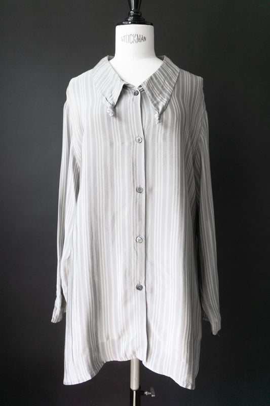 Grau weiß gestreifte Vintage Bluse aus Viskose mit weitem Schnitt und geknotetem Avantgarde Kragen
