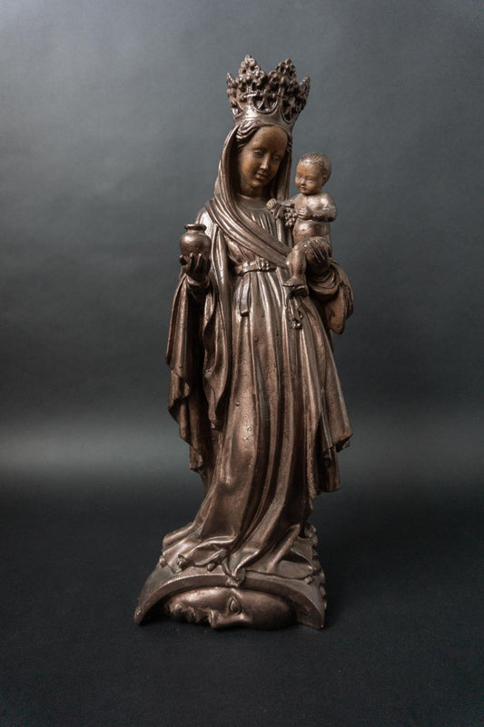 Vintage Madonna mit Kind aus Ton – sakrale Skulptur in bronzierter Optik