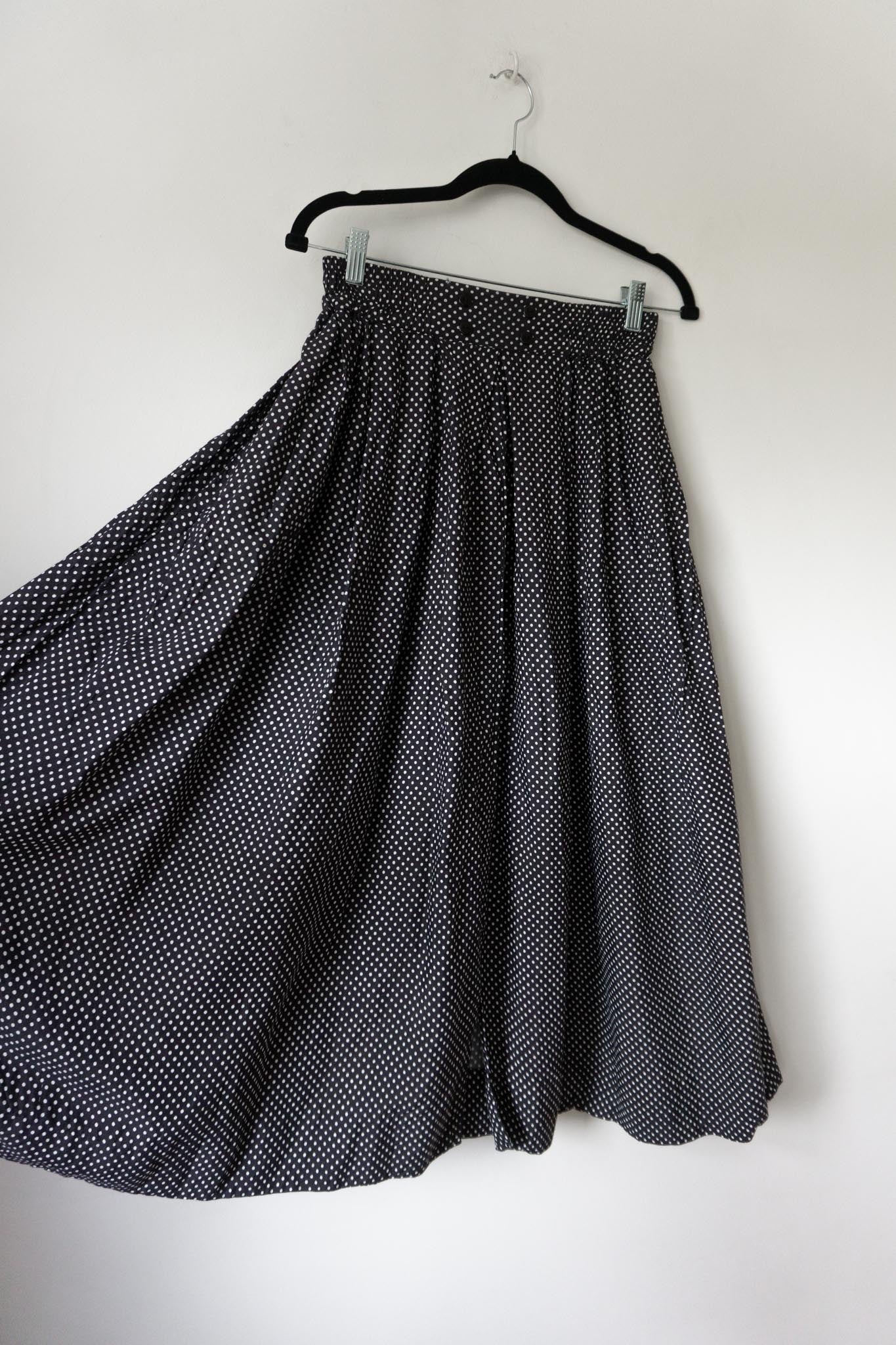 Vintage Midirock mit weißen Polka Dots, Viskose, S–M