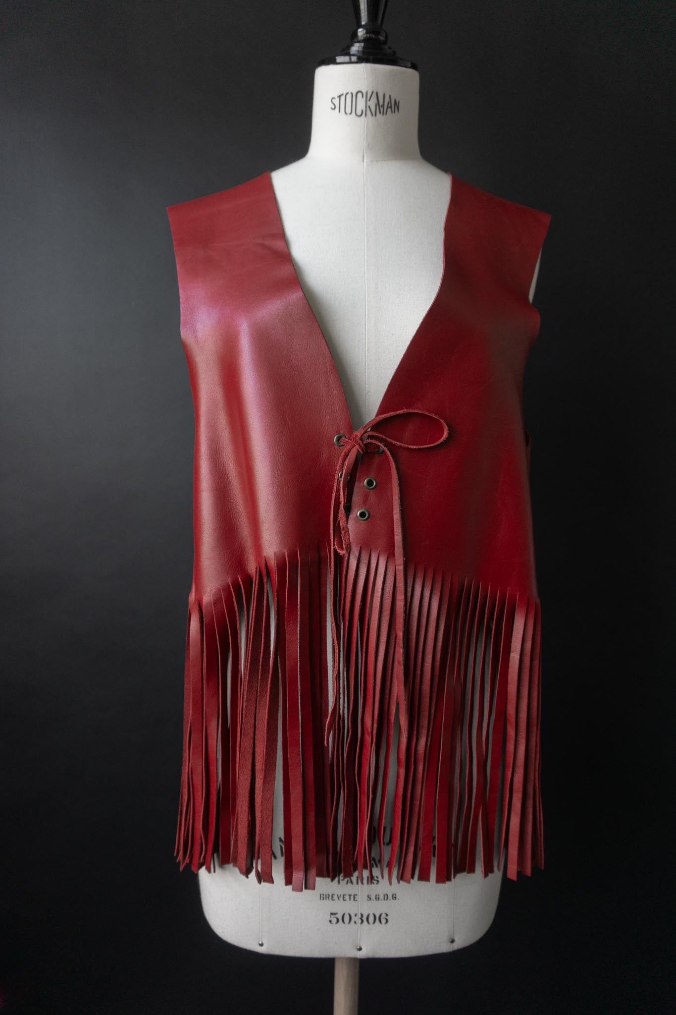 Vintage 80s Lederweste mit Fransen aus rotem Echtleder, S–L