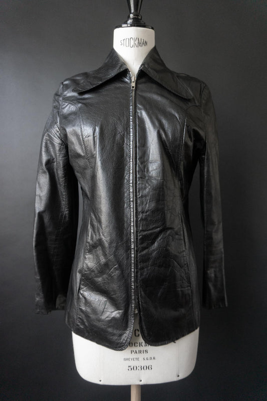 Vintage 70s Lederjacke Echtleder, Zipper, S–M
