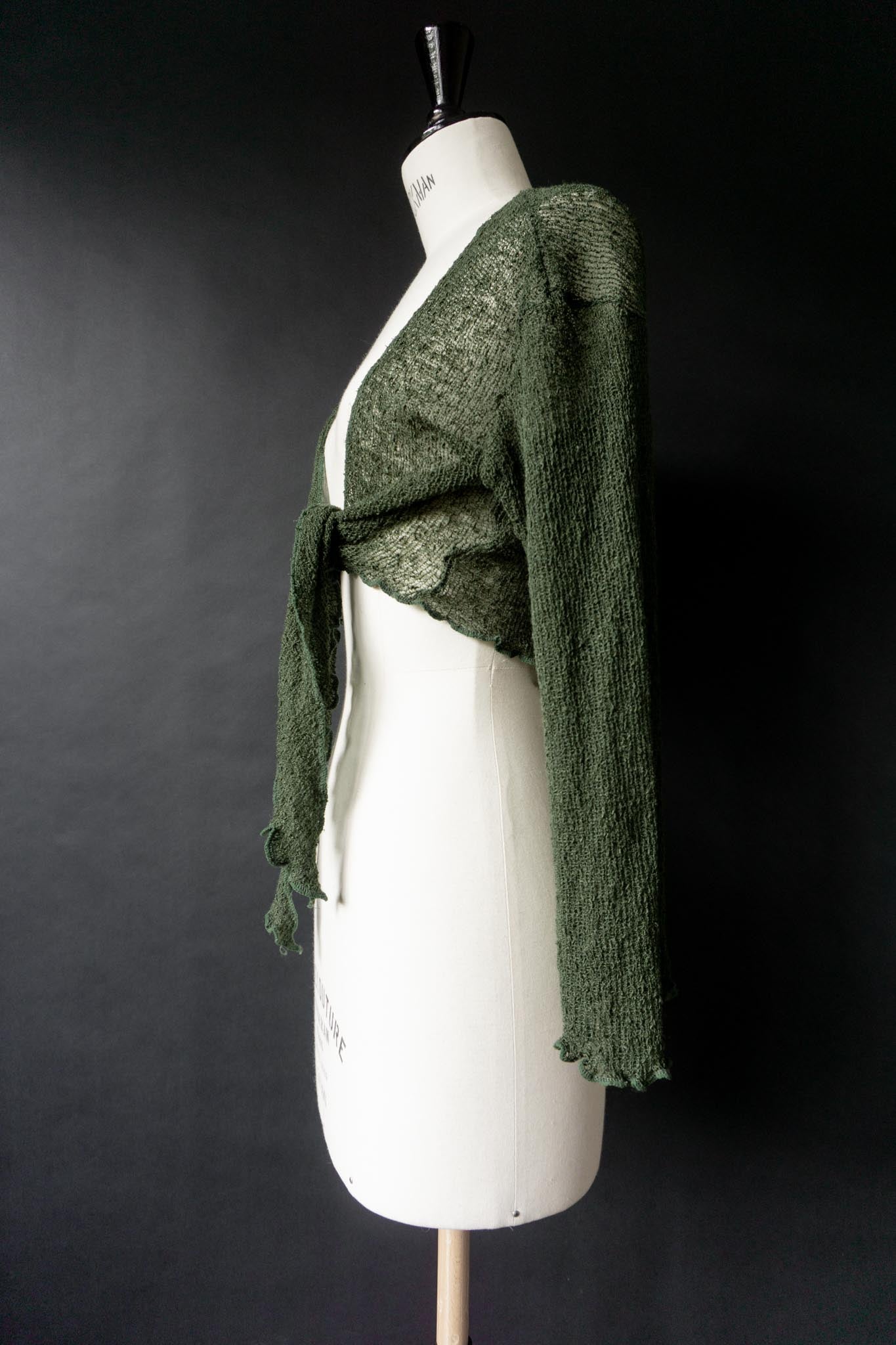 Vintage Wickelbolero, Waldgrün, Rayon mit Glockenärmeln, XS–M