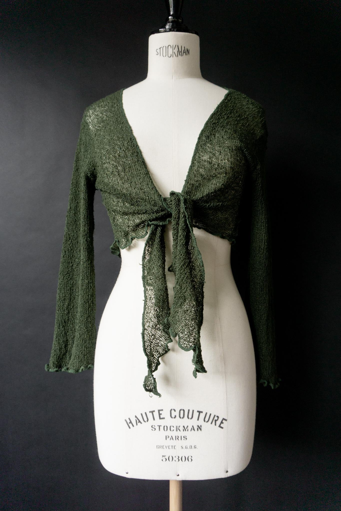 Vintage Wickelbolero, Waldgrün, Rayon mit Glockenärmeln, XS–M