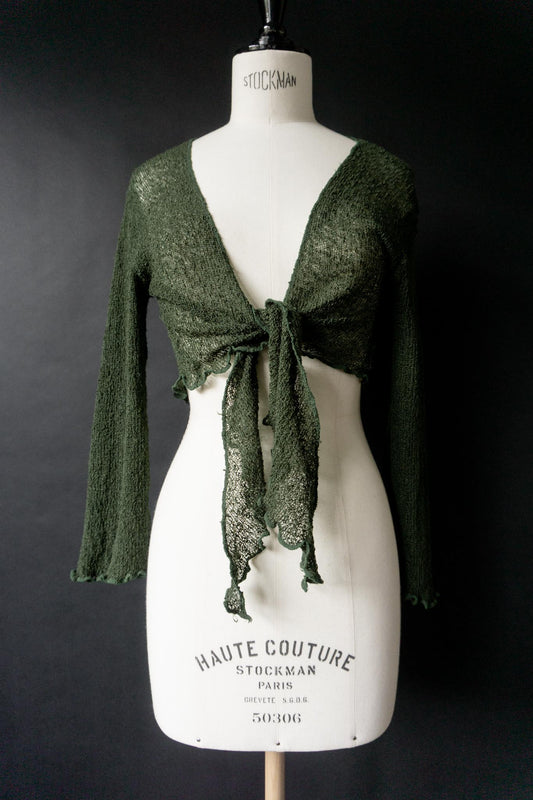 Vintage Wickelbolero, Waldgrün, Rayon mit Glockenärmeln, XS–M